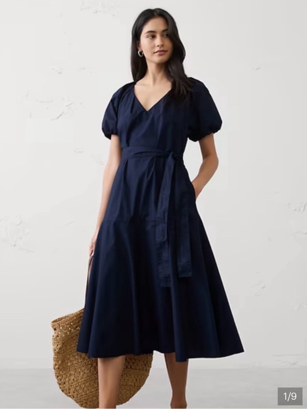 Banana Republic Navy Poplin Midi Dress with Tie Waist